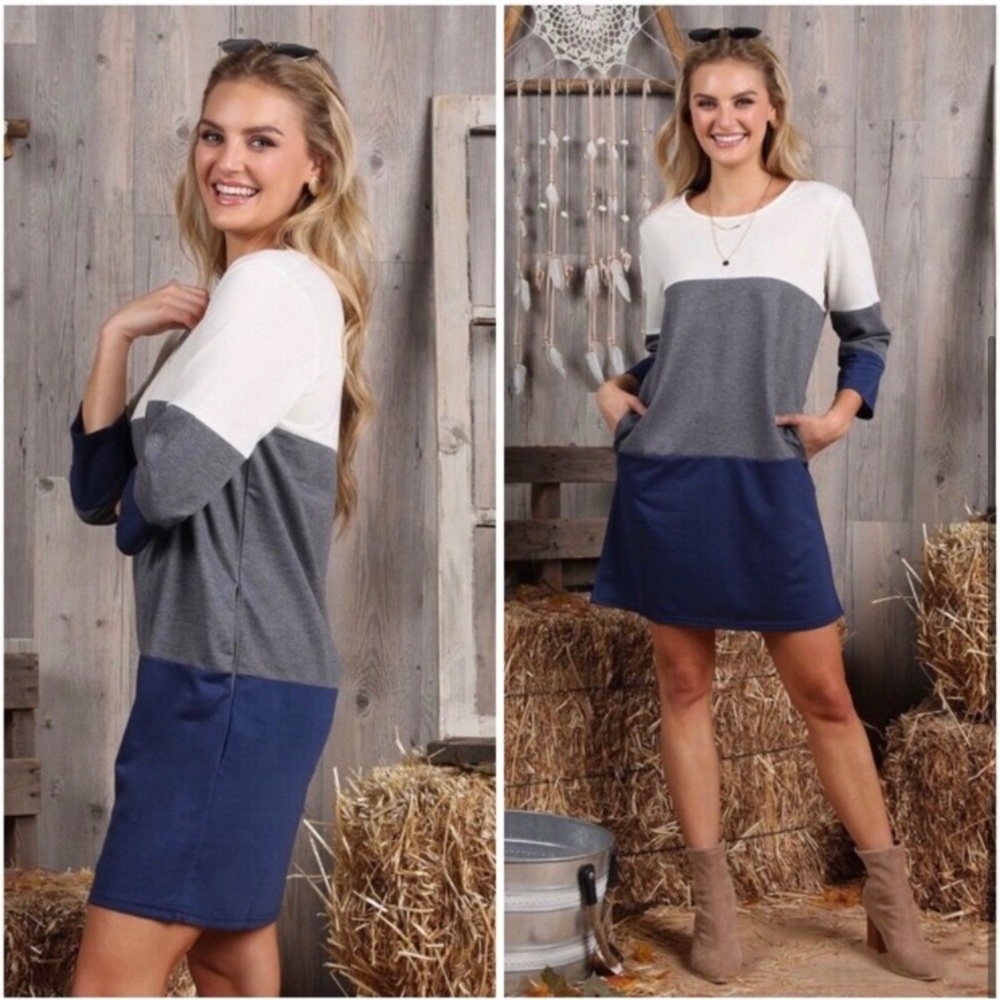 LAST ONE: Adorable women’s color block 3/4 sleeve side pocket French Terry dress